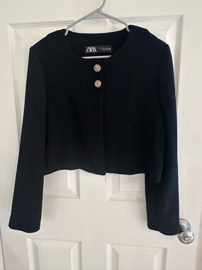 Zara Black Textured Cropped blazer/ cardigan style with Gold Buttons